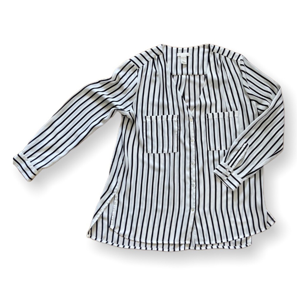H&M Black White Striped Blouse Shirt Top 10 M